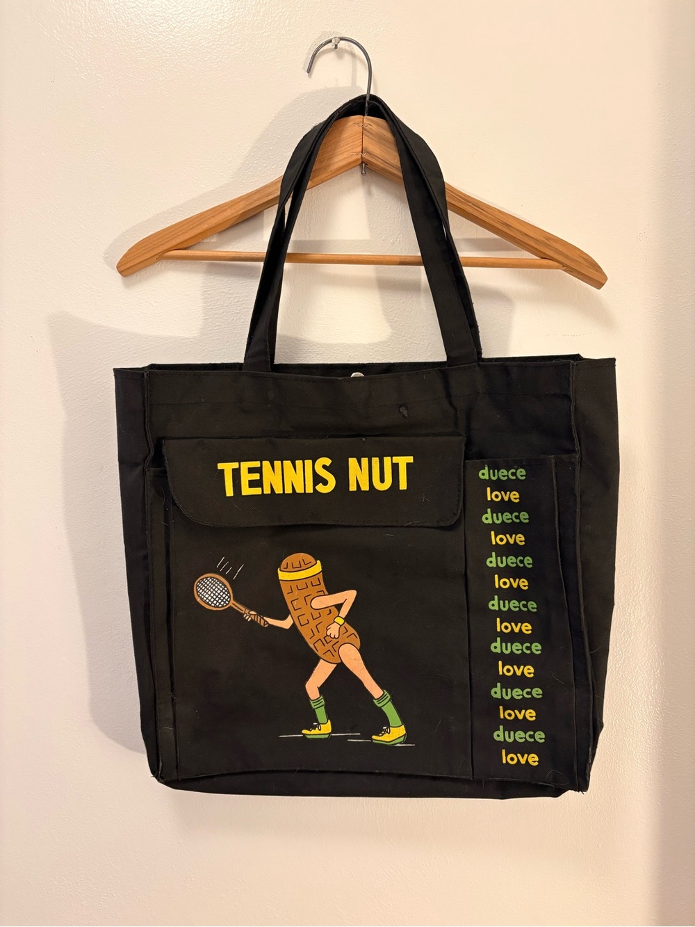 Vintage Tennis Nut Graphic Canvas Tote - Black with Yellow & Green